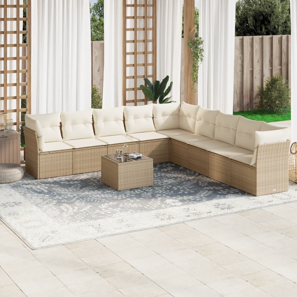 vidaXL 10-tlg. Garten-Sofagarnitur mit Kissen Beige Poly Rattan