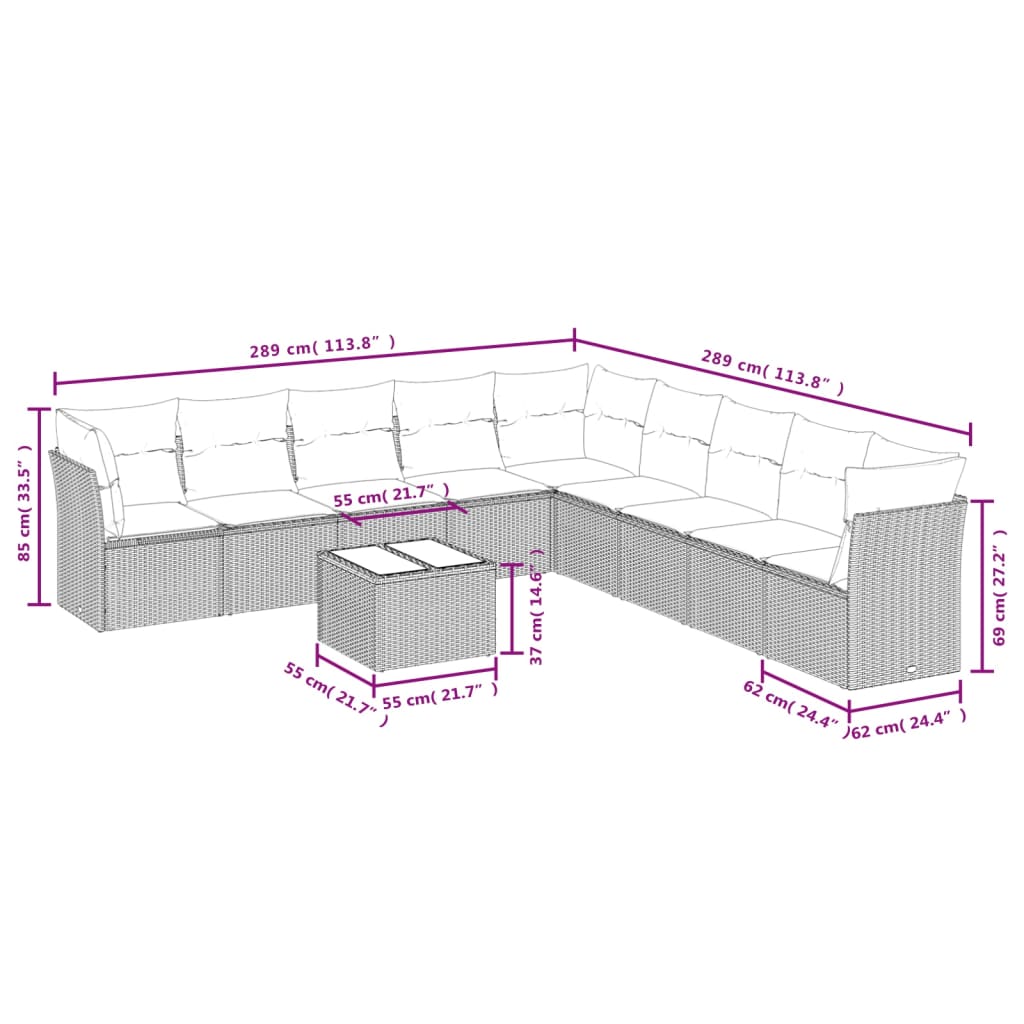 vidaXL 10-delige Loungeset met kussens poly rattan grijs afbeelding