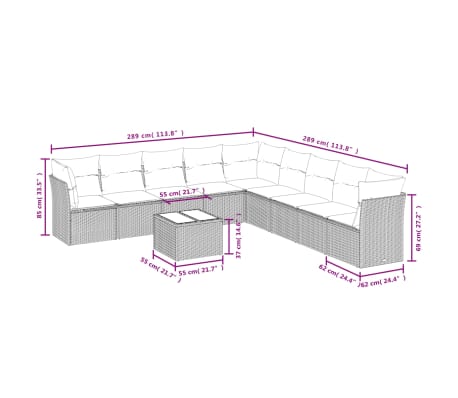 vidaXL 10-delige Loungeset met kussens poly rattan grijs