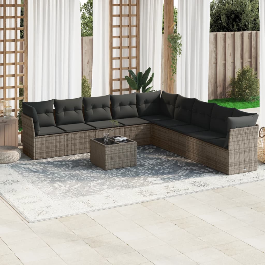 vidaXL 10-tlg. Garten-Sofagarnitur mit Kissen Grau Poly Rattan