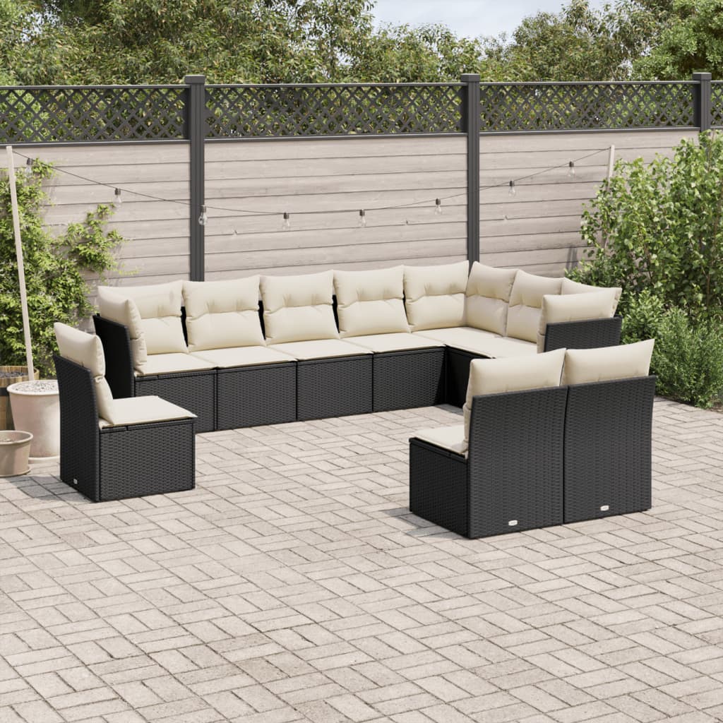 vidaXL 10-tlg. Garten-Sofagarnitur mit Kissen Schwarz Poly Rattan