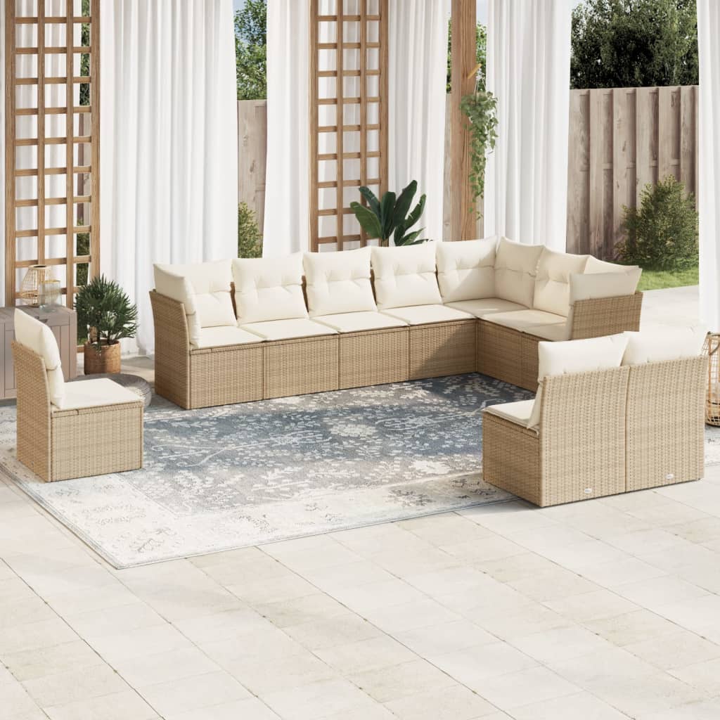 vidaXL 10-tlg. Garten-Sofagarnitur mit Kissen Beige Poly Rattan