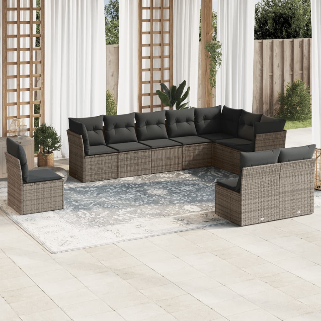 vidaXL 10-tlg. Garten-Sofagarnitur mit Kissen Grau Poly Rattan