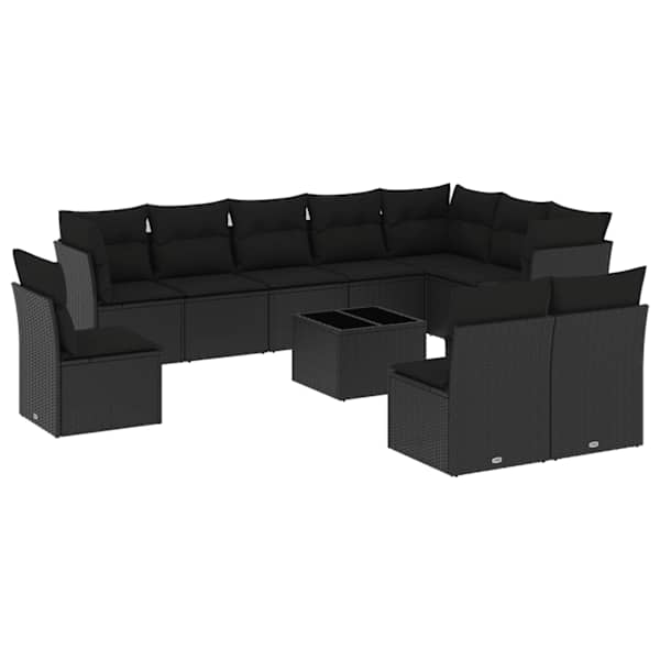 vidaXL 11-osaline aiadiivani komplekt patjadega, must, pol&uuml;rotang