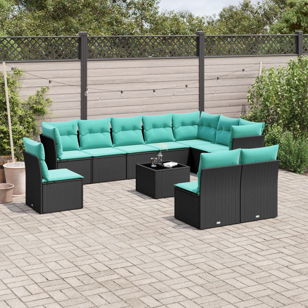 11-tlg. Garten-Sofagarnitur mit Kissen Schwarz Poly Rattan