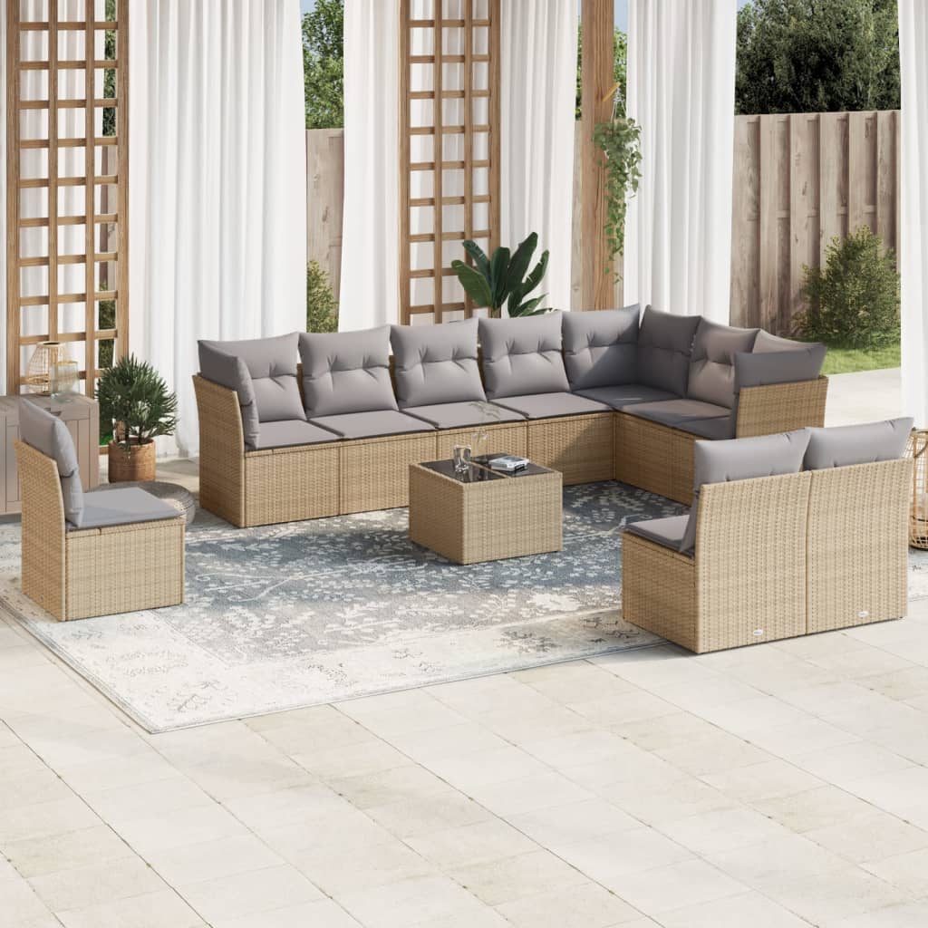 vidaXL 11-tlg. Garten-Sofagarnitur mit Kissen Beige Poly Rattan