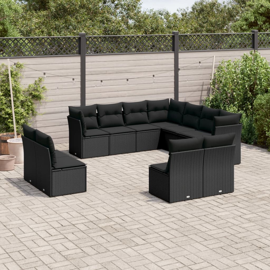 vidaXL 11-tlg. Garten-Sofagarnitur mit Kissen Schwarz Poly Rattan