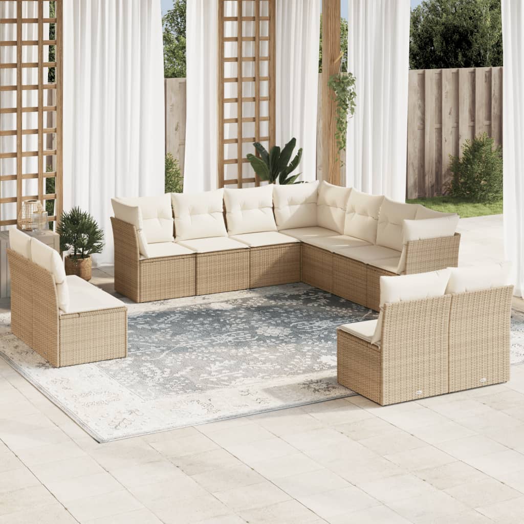 vidaXL 11-tlg. Garten-Sofagarnitur mit Kissen Beige Poly Rattan