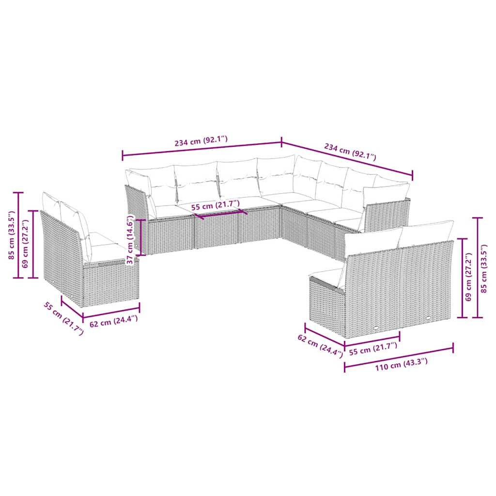 Thumbnail - vidaXL 11-tlg. Garten-Sofagarnitur mit Kissen Hellgrau Poly Rattan