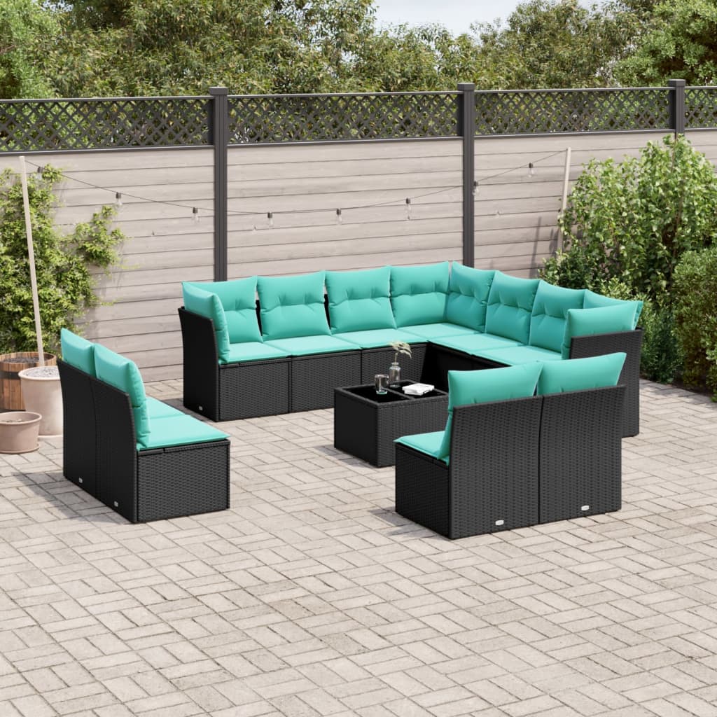 vidaXL 12-teiliges Gartensofa-Set mit Kissen, schwarzes Polyrattan
