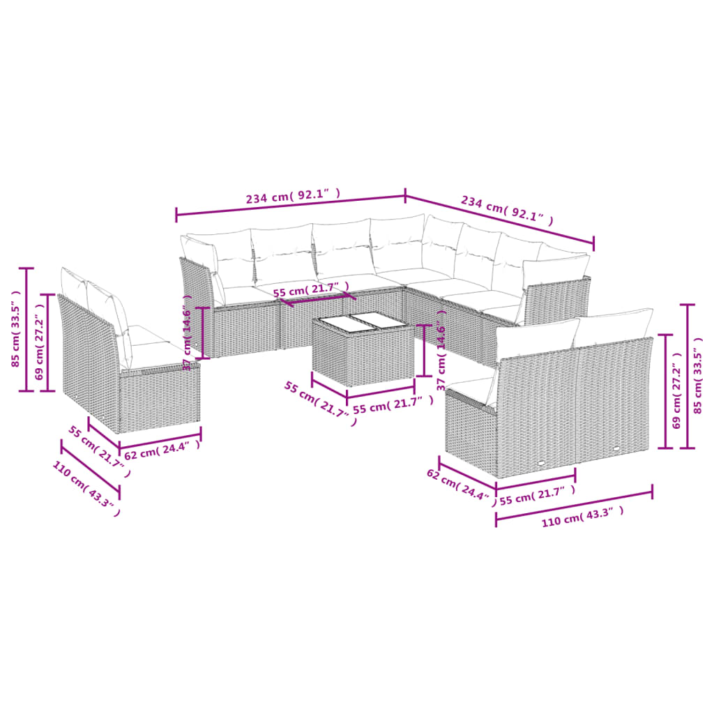 vidaXL 12-delige Loungeset met kussens poly rattan beige afbeelding