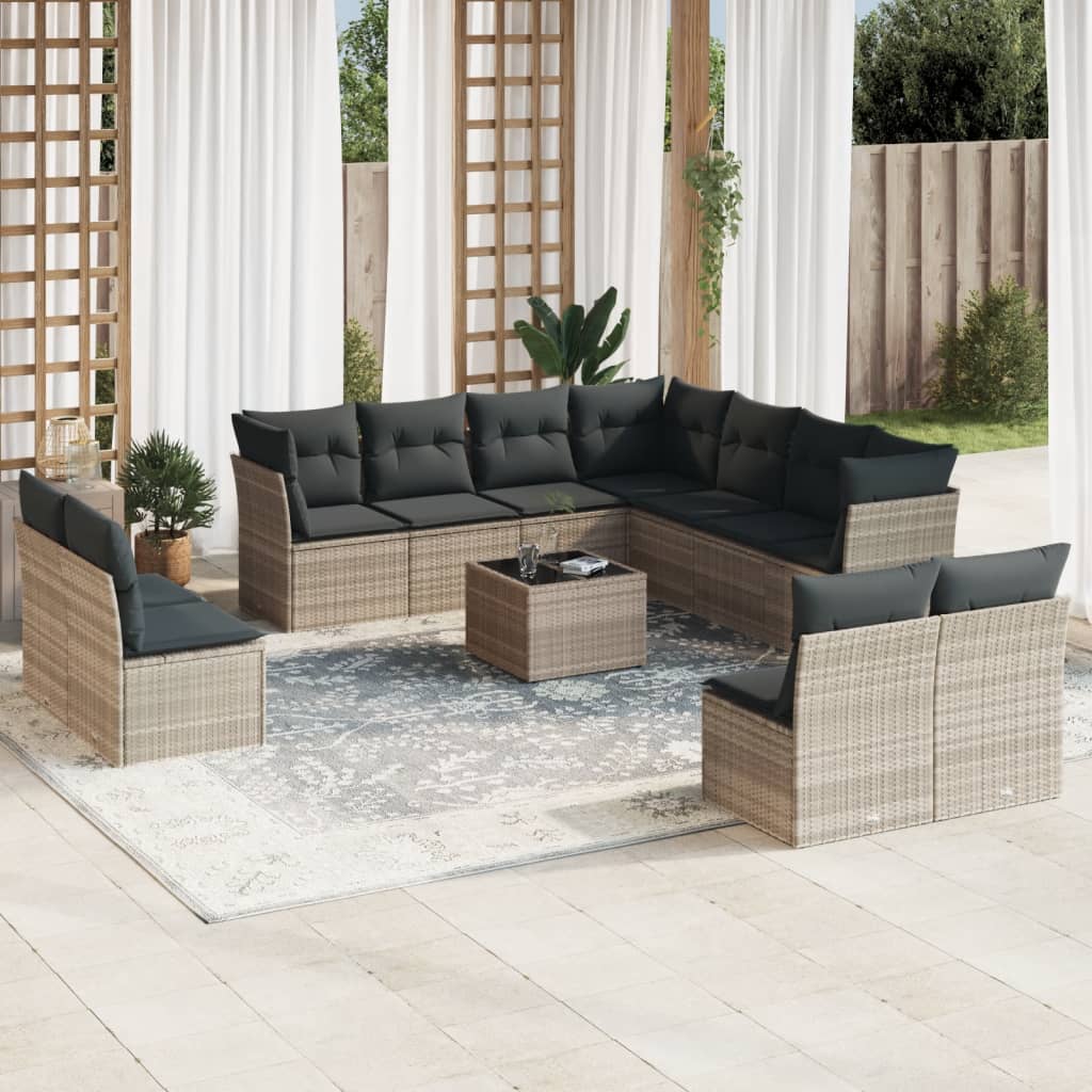 12-tlg. Garten-Sofagarnitur mit Kissen Hellgrau Poly Rattan