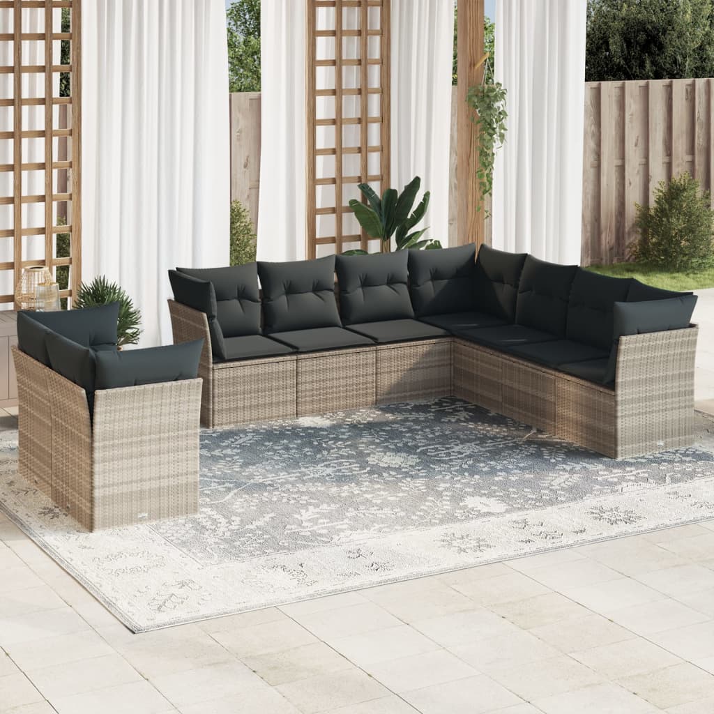 vidaXL 9-tlg. Garten-Sofagarnitur mit Kissen Hellgrau Poly Rattan