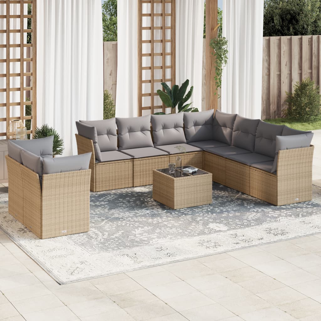 vidaXL 10-tlg. Garten-Sofagarnitur mit Kissen Beige Poly Rattan