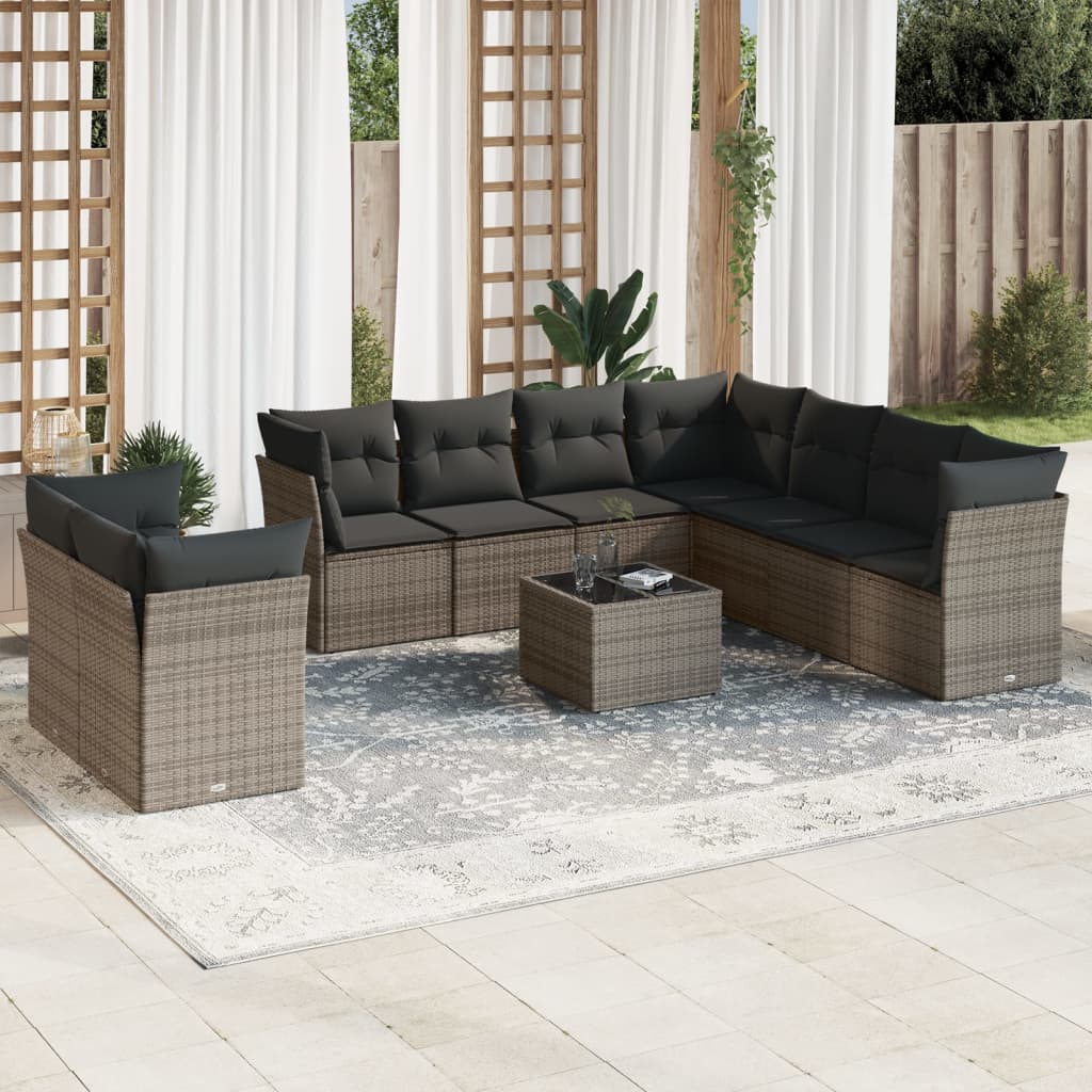 vidaXL 10-tlg. Garten-Sofagarnitur mit Kissen Grau Poly Rattan