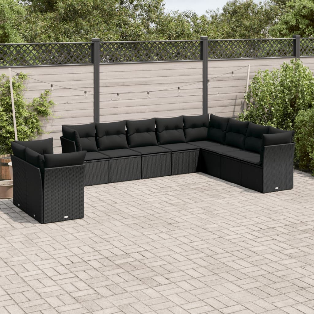 vidaXL 10-tlg. Garten-Sofagarnitur mit Kissen Schwarz Poly Rattan