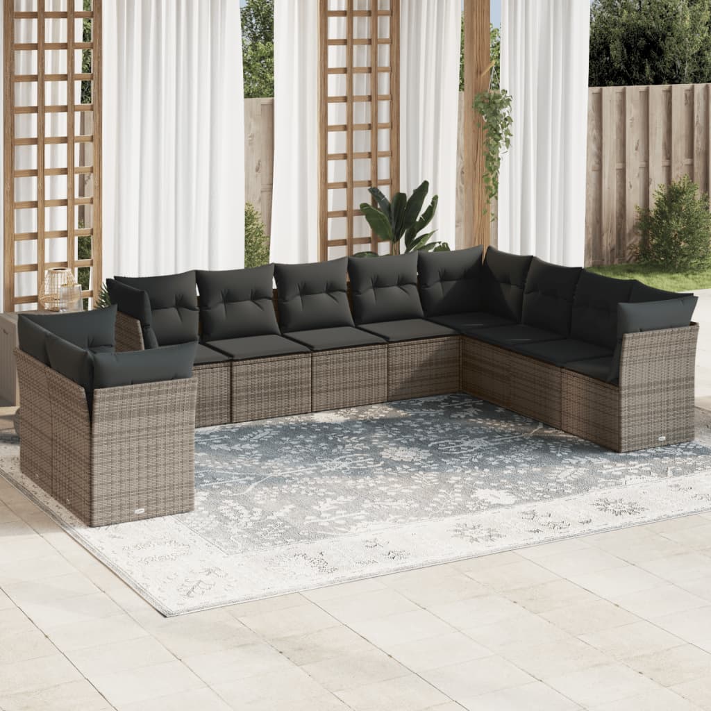 vidaXL 10-tlg. Garten-Sofagarnitur mit Kissen Grau Poly Rattan