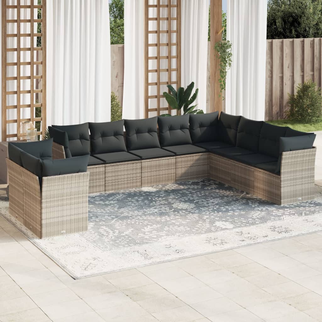 10-tlg. Garten-Sofagarnitur mit Kissen Hellgrau Poly Rattan