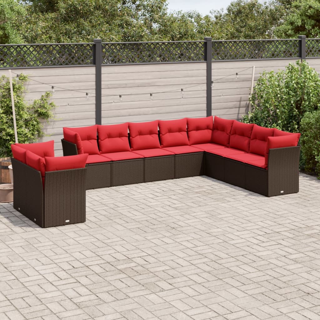 10 Piece Patio Sofa Set with Cushions Brown Poly Rattan