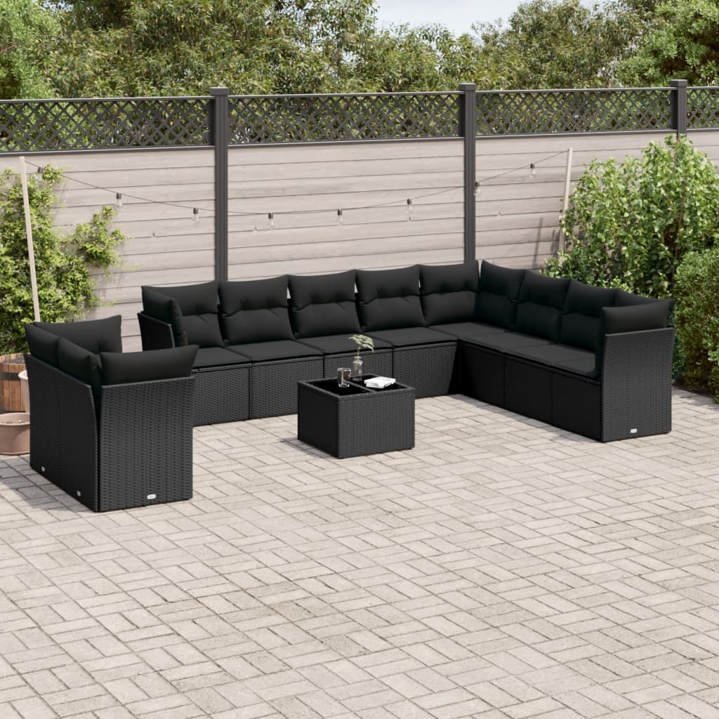 vidaXL 11-tlg. Garten-Sofagarnitur mit Kissen Schwarz Poly Rattan