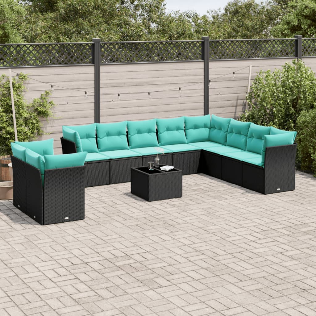 11 Piece Patio Sofa Set with Cushions Black Poly Rattan