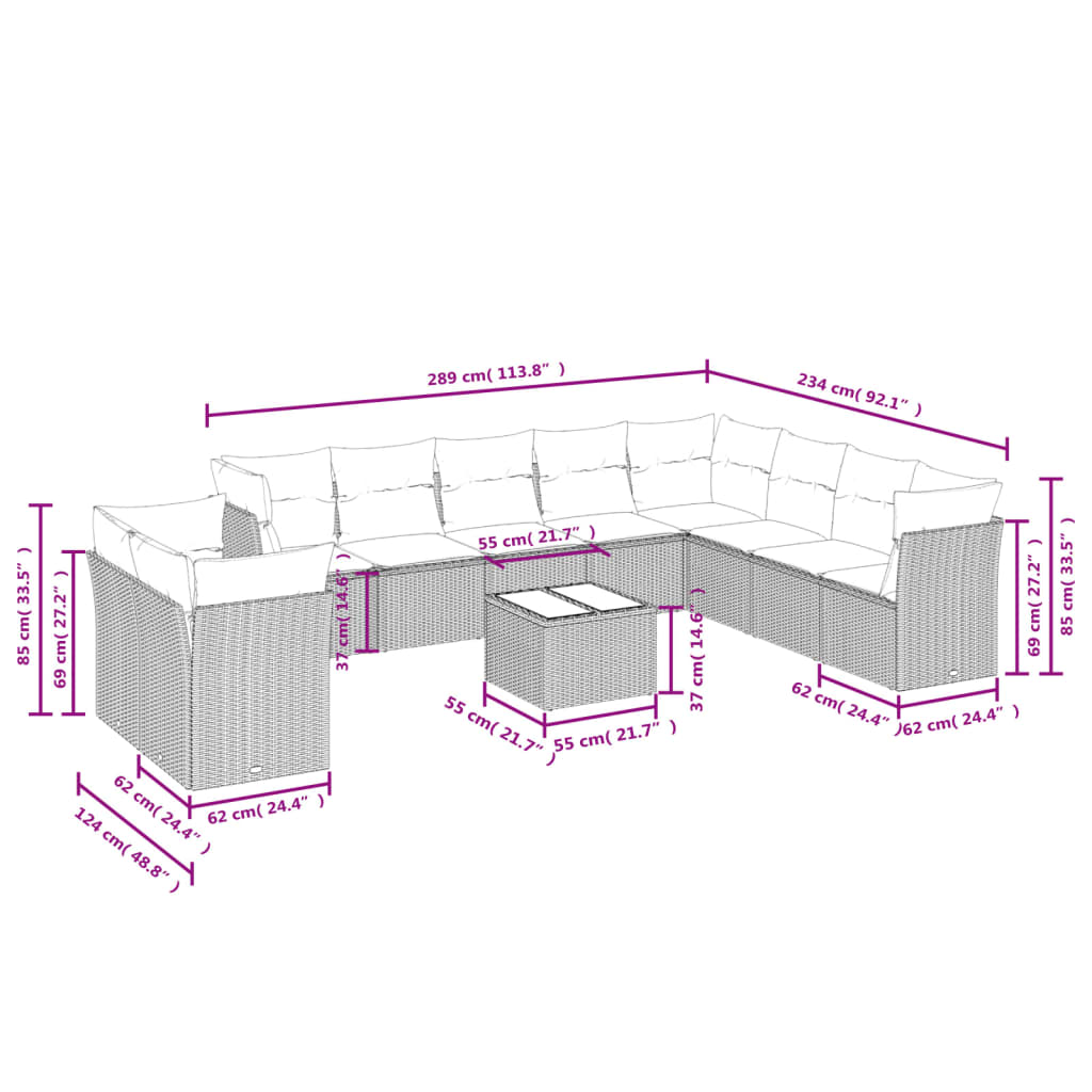 vidaXL 11-delige Tuinset met kussens poly rattan beige afbeelding