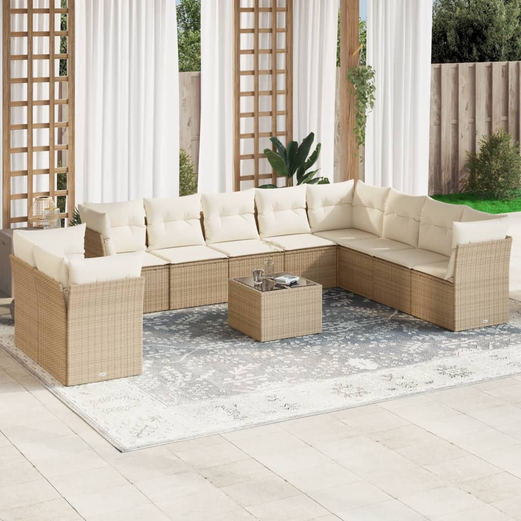 vidaXL 11-tlg. Garten-Sofagarnitur mit Kissen Beige Poly Rattan