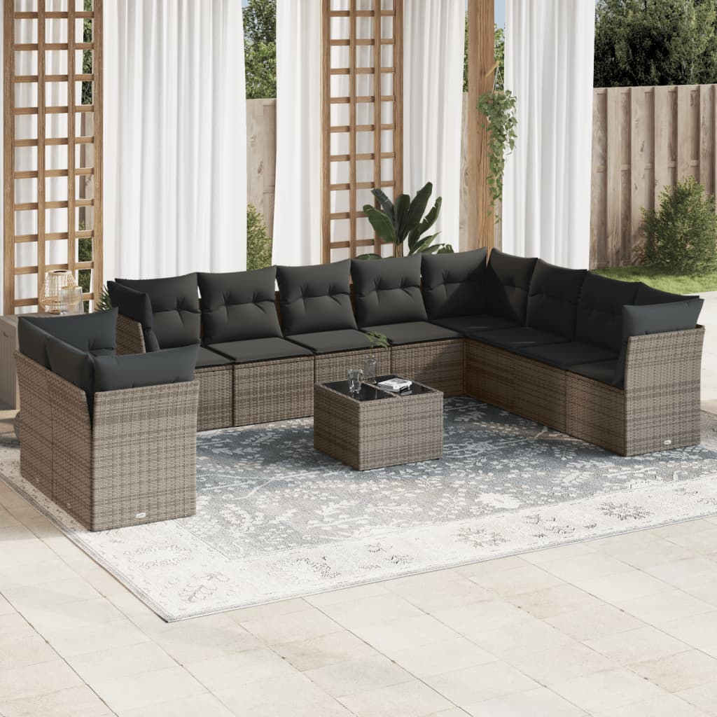 vidaXL 11-tlg. Garten-Sofagarnitur mit Kissen Grau Poly Rattan