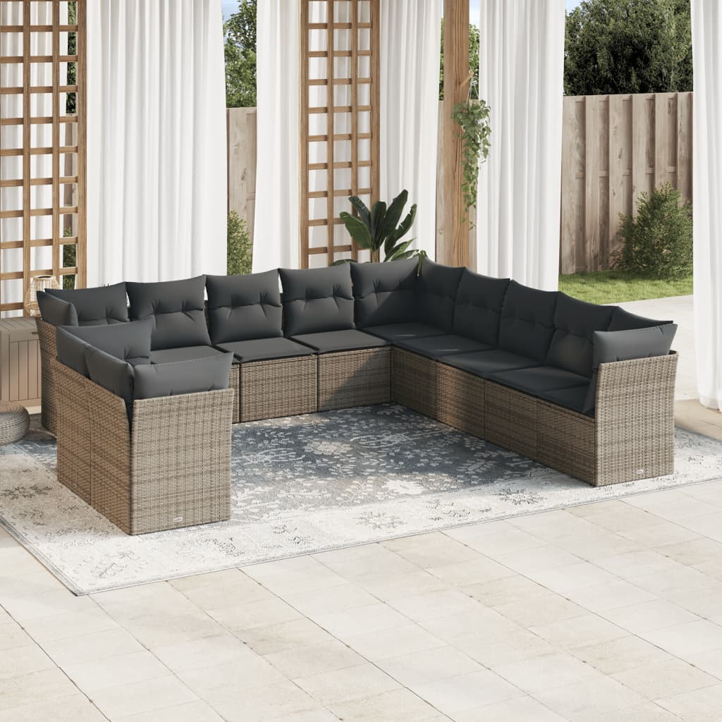 11-tlg. Garten-Sofagarnitur mit Kissen Grau Poly Rattan