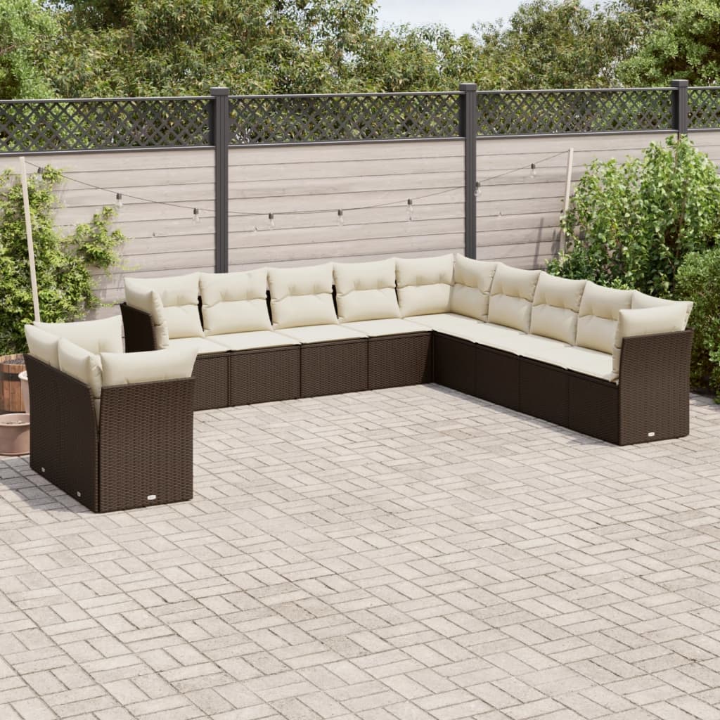 11-tlg. Garten-Sofagarnitur mit Kissen Braun Poly Rattan