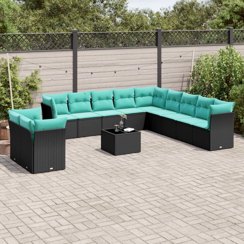 12-tlg. Garten-Sofagarnitur mit Kissen Schwarz Poly Rattan
