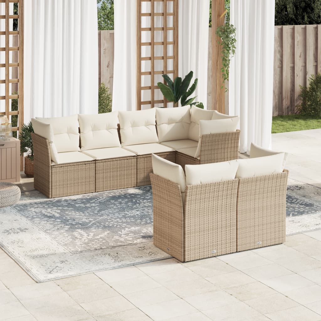 vidaXL 7-tlg. Garten-Sofagarnitur mit Kissen Beige Poly Rattan