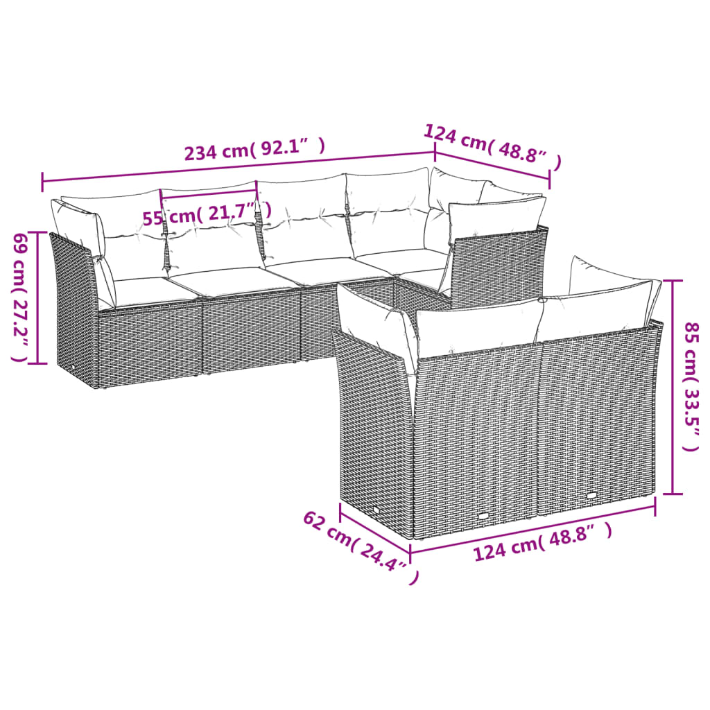vidaXL 7-delige Loungeset met kussens poly rattan grijs afbeelding