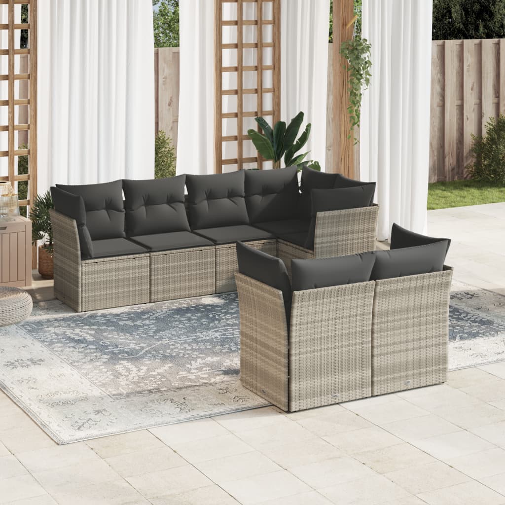 vidaXL 7-tlg. Garten-Sofagarnitur mit Kissen Hellgrau Poly Rattan