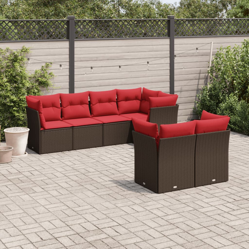 7-tlg. Garten-Sofagarnitur mit Kissen Braun Poly Rattan
