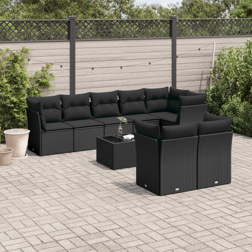 9-tlg. Garten-Sofagarnitur mit Kissen Schwarz Poly Rattan