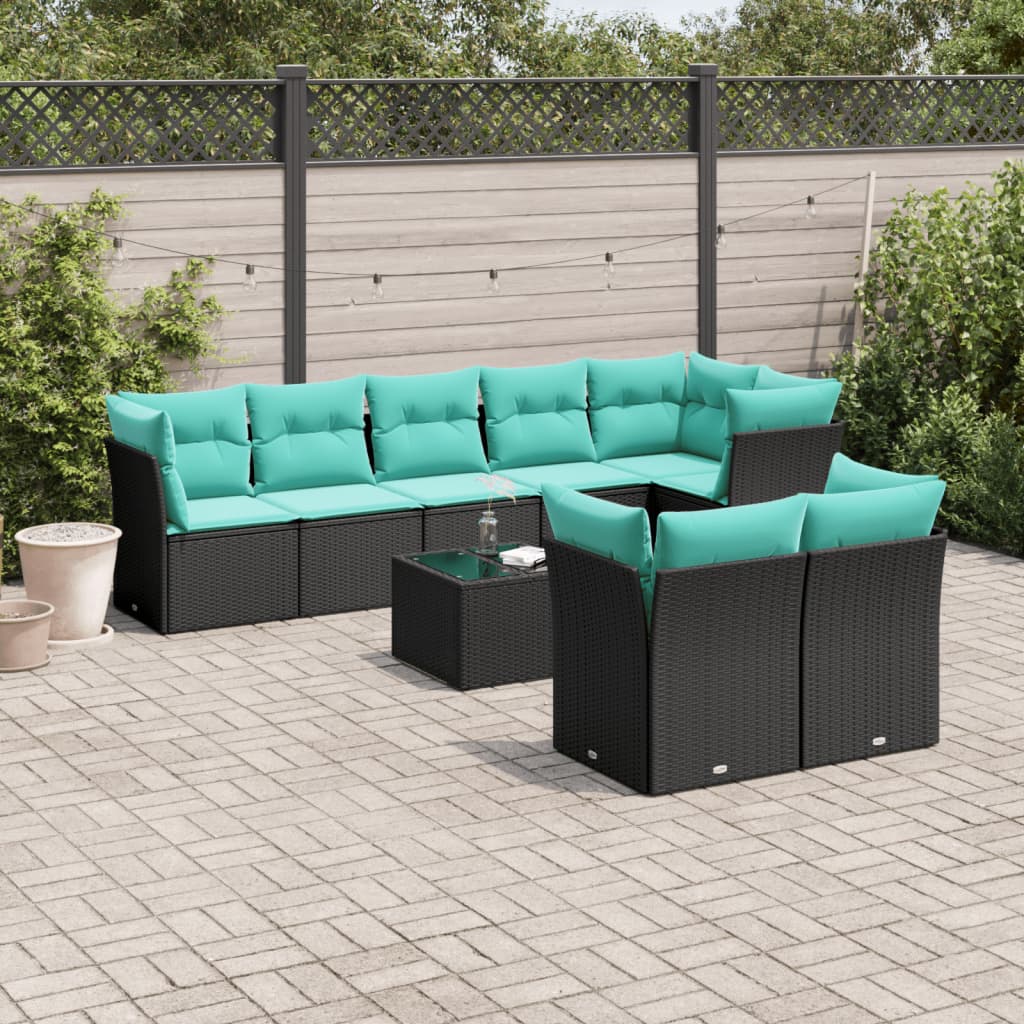 Set de sofás de jardín 9 pzas con cojines ratán sintético negro