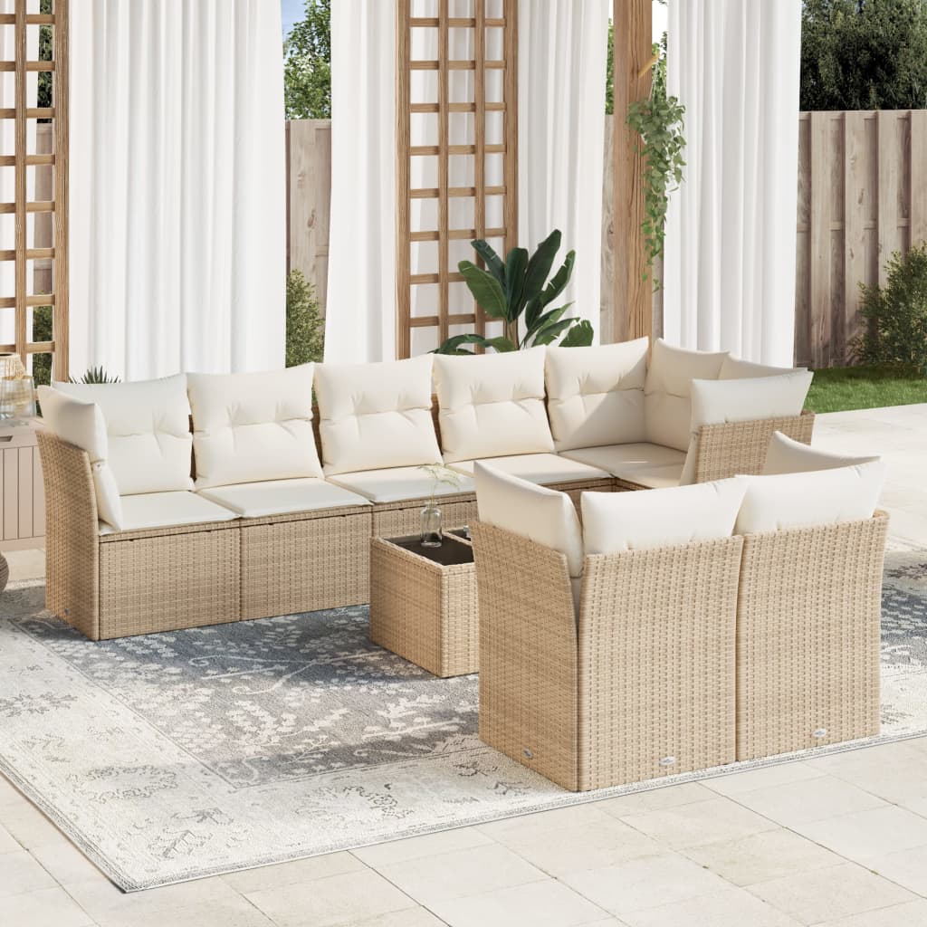 vidaXL 9-tlg. Garten-Sofagarnitur mit Kissen Beige Poly Rattan