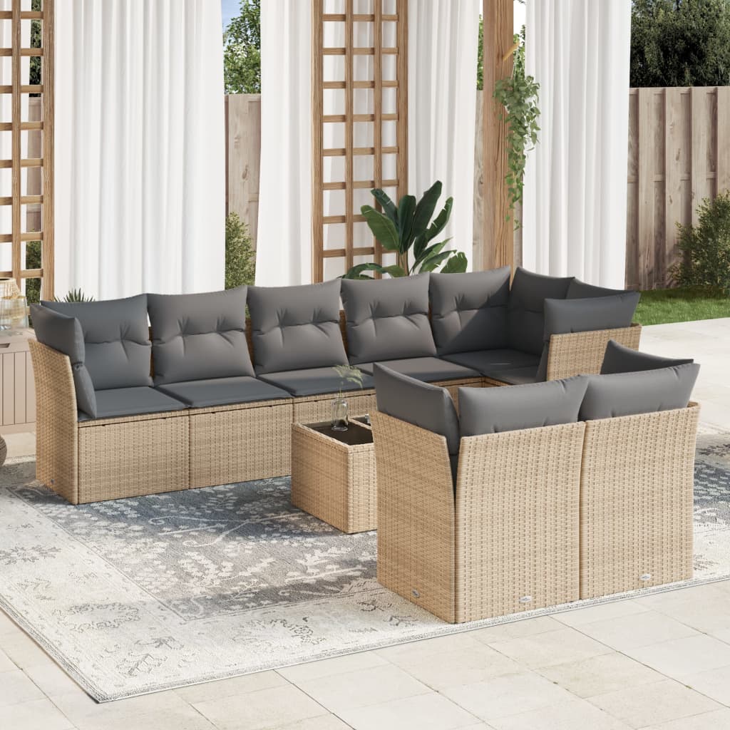 vidaXL 9-tlg. Garten-Sofagarnitur mit Kissen Beige Poly Rattan