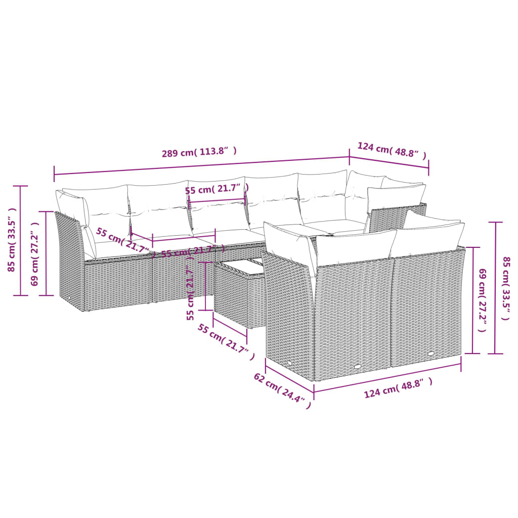 vidaXL 9-delige Loungeset met kussens poly rattan grijs afbeelding
