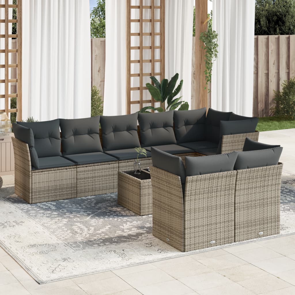 vidaXL 9-tlg. Garten-Sofagarnitur mit Kissen Grau Poly Rattan