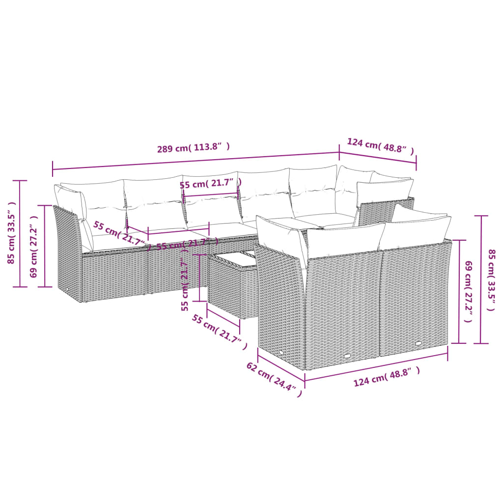vidaXL 9-delige Loungeset met kussens poly rattan lichtgrijs afbeelding