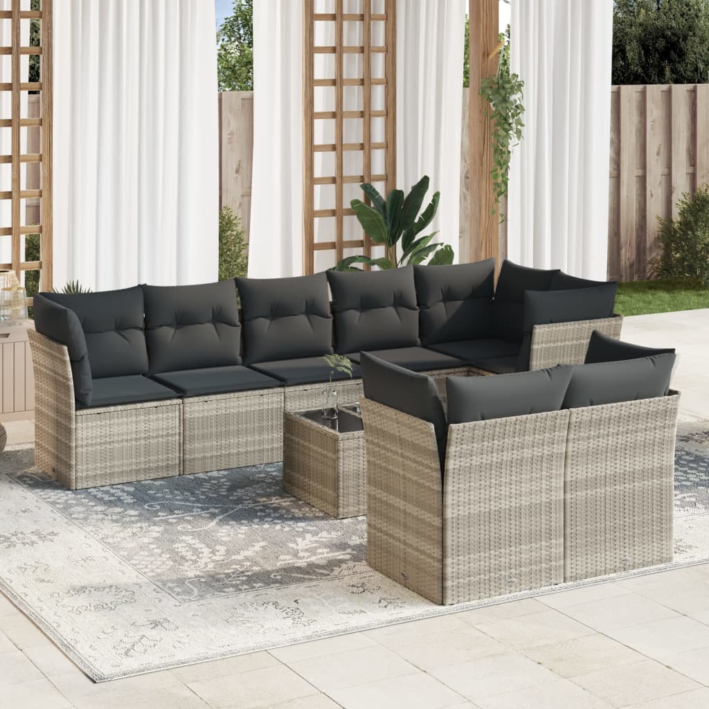 9-tlg. Garten-Sofagarnitur mit Kissen Hellgrau Poly Rattan