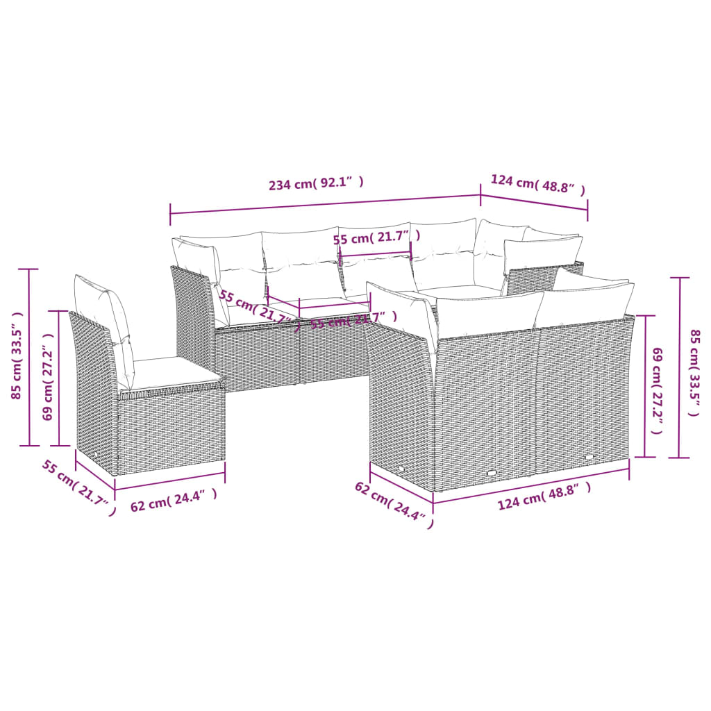 vidaXL 8-delige Loungeset met kussens poly rattan beige afbeelding