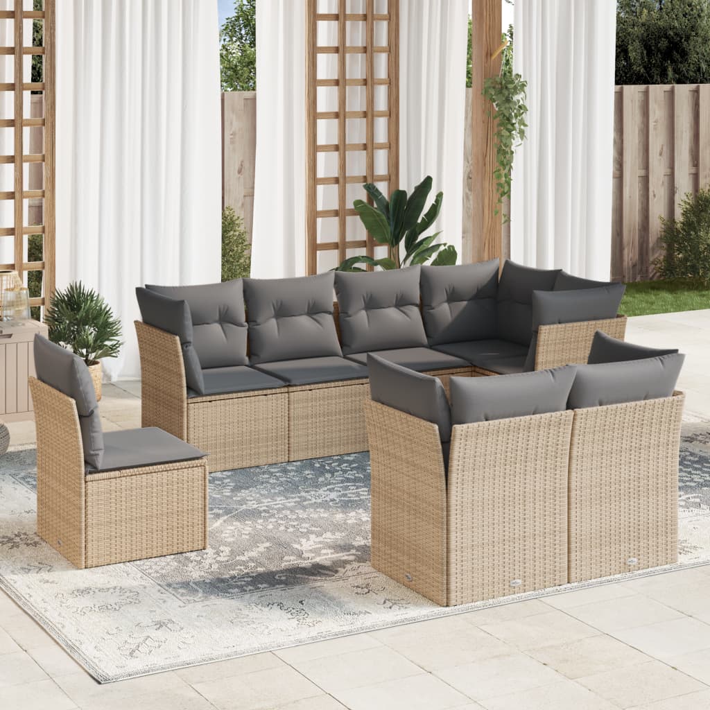 vidaXL 8-tlg. Garten-Sofagarnitur mit Kissen Beige Poly Rattan