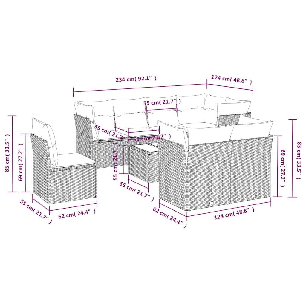 Set mobilier de grădină cu perne, 9 piese, negru, poliratan 3217935 - imagine 3