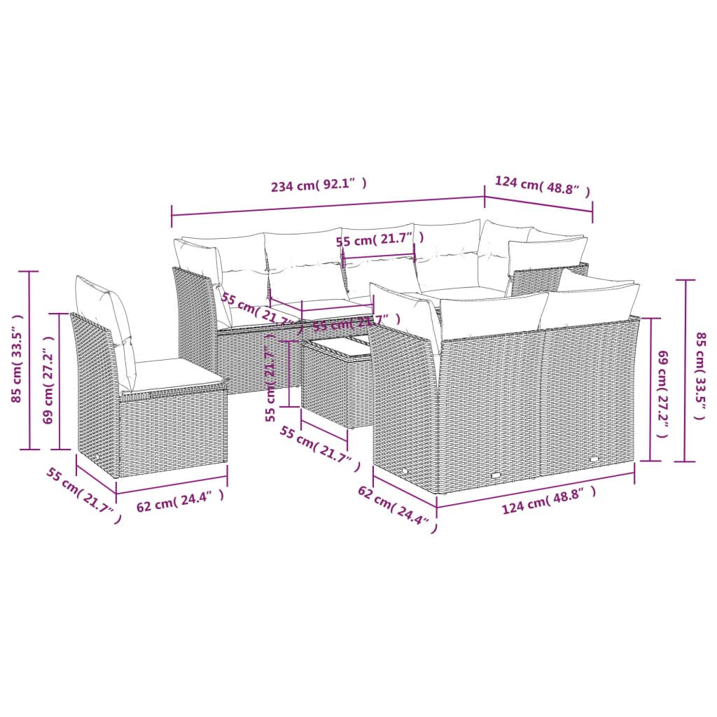 Set mobilier de grădină cu perne, 9 piese, negru, poliratan 3217936 - imagine 3