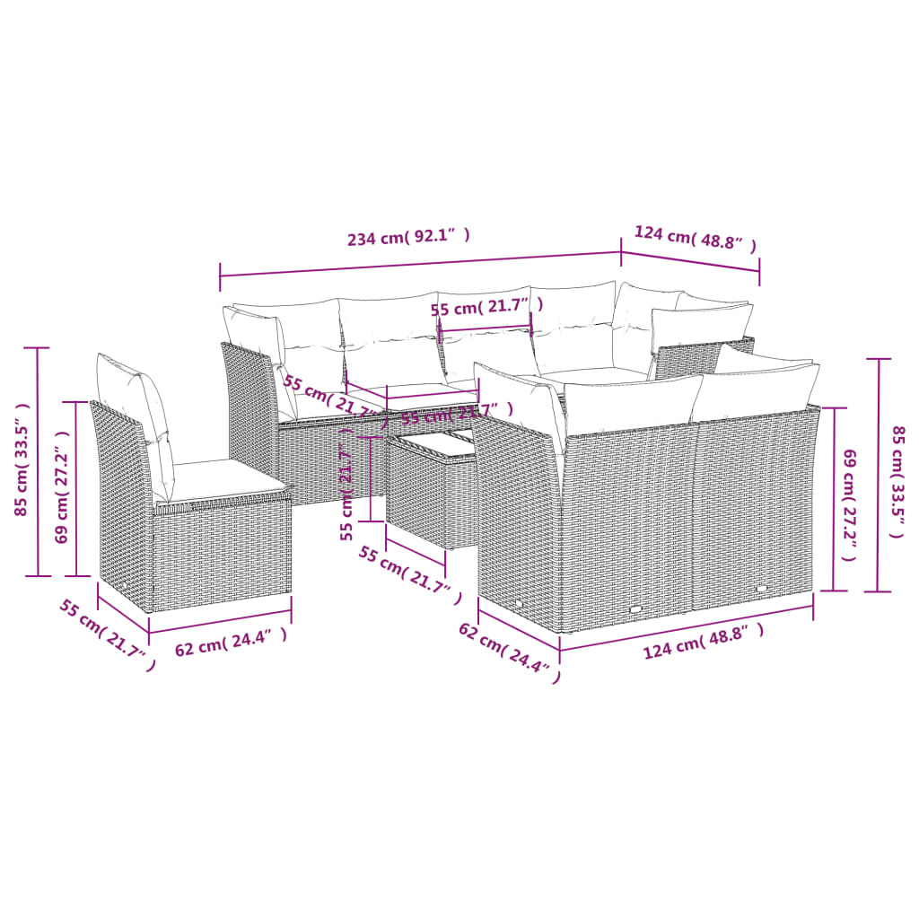 vidaXL 9-delige Loungeset met kussens poly rattan beige