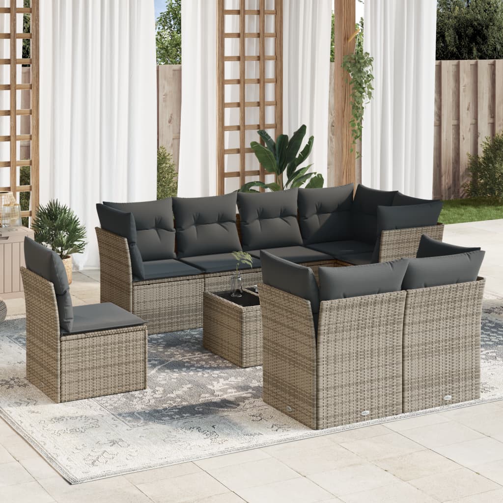 9-tlg. Garten-Sofagarnitur mit Kissen Grau Poly Rattan