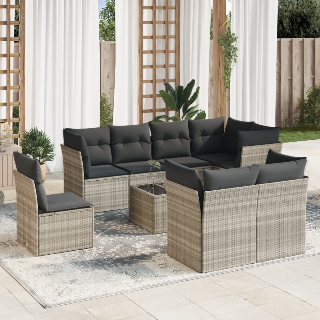 9-tlg. Garten-Sofagarnitur mit Kissen Hellgrau Poly Rattan